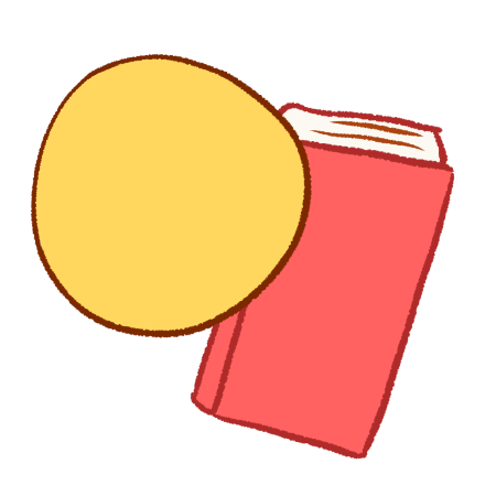 A drawing of an emoji yellow head in front of a pink book. 